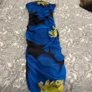 Zara Blue and Yellow Ruched Strapless Bodycon Dress